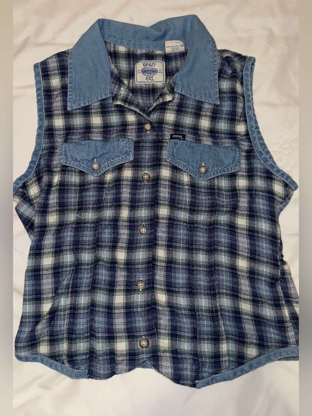 Krazy Kat Blue Plaid Denim-Trim Sleeveless Button-Up